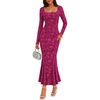 MEROKEETY Womens Long Sleeve Floral Ruched Fall Wedding Guest Dress 2026 | Formal Maxi Dress, Square Neck, Mermaid Hem, Stretchy, Lined, Bodycon, Cocktail Party, Baby Shower, Bridal, Holiday dress(Fuchsia)