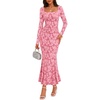 MEROKEETY Womens Long Sleeve Floral Ruched Fall Wedding Guest Dress 2026 | Formal Maxi Dress, Square Neck, Mermaid Hem, Stretchy, Lined, Bodycon, Cocktail Party, Baby Shower, Bridal, Holiday dress(Pink)