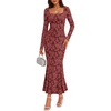 MEROKEETY Womens Long Sleeve Floral Ruched Fall Wedding Guest Dress 2026 | Formal Maxi Dress, Square Neck, Mermaid Hem, Stretchy, Lined, Bodycon, Cocktail Party, Baby Shower, Bridal, Holiday dress(Winered)