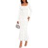 MEROKEETY Womens Long Sleeve Floral Ruched Fall Wedding Guest Dress 2026 | Formal Maxi Dress, Square Neck, Mermaid Hem, Stretchy, Lined, Bodycon, Cocktail Party, Baby Shower, Bridal, Holiday dress(White)