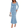 MEROKEETY Womens Long Sleeve Floral Ruched Fall Wedding Guest Dress 2026 | Formal Maxi Dress, Square Neck, Mermaid Hem, Stretchy, Lined, Bodycon, Cocktail Party, Baby Shower, Bridal, Holiday dress(Blue)