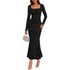 MEROKEETY Womens Long Sleeve Floral Ruched Fall Wedding Guest Dress 2026 | Formal Maxi Dress, Square Neck, Mermaid Hem, Stretchy, Lined, Bodycon, Cocktail Party, Baby Shower, Bridal, Holiday dress(Black)