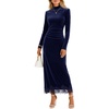 MEROKEETY Women’s Velvet Lace Wedding Guest Cocktail Maxi Dress | Long Sleeve, Mock Neck, Ruched Waist, Elegant Fall Dress 2026, Back Slit, Zipper, Formal Maxi Dress, Slimming Fit, Date Night(Navy)