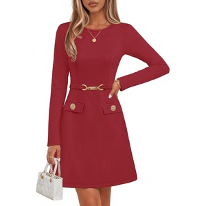 MEROKEETY Women’s Fall Business Casual Work Office Long Sleeve Mini Dress | A Line, Bodycon, Elegant Classy, Cocktail, Dinner, Date Night, Decorative Pockets, Metal Buttons, Back Zipper, Elastic Belt(Wine)