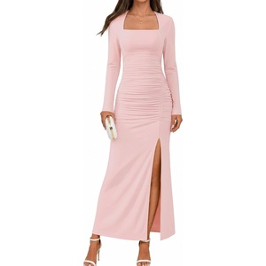 MEROKEETY Women’s Fall Long Sleeve Bodycon 2026 Wedding Guest Maxi Dress | Elegant Square Neck, Ruched, Side Slit, Slim Fit, Formal Cocktail Party, Sexy Trendy Fashion, Date Night Prom Long Dresses(Pink)