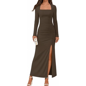 MEROKEETY Women’s Fall Long Sleeve Bodycon 2026 Wedding Guest Maxi Dress | Elegant Square Neck, Ruched, Side Slit, Slim Fit, Formal Cocktail Party, Sexy Trendy Fashion, Date Night Prom Long Dresses(Coffee)
