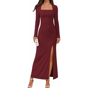MEROKEETY Women’s Fall Long Sleeve Bodycon 2026 Wedding Guest Maxi Dress | Elegant Square Neck, Ruched, Side Slit, Slim Fit, Formal Cocktail Party, Sexy Trendy Fashion, Date Night Prom Long Dresses(Wine)