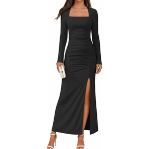 MEROKEETY Women’s Fall Long Sleeve Bodycon 2026 Wedding Guest Maxi Dress | Elegant Square Neck, Ruched, Side Slit, Slim Fit, Formal Cocktail Party, Sexy Trendy Fashion, Date Night Prom Long Dresses(Black)