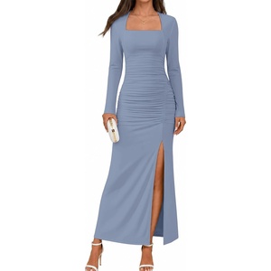 MEROKEETY Women’s Fall Long Sleeve Bodycon 2026 Wedding Guest Maxi Dress | Elegant Square Neck, Ruched, Side Slit, Slim Fit, Formal Cocktail Party, Sexy Trendy Fashion, Date Night Prom Long Dresses(Dusty Blue)