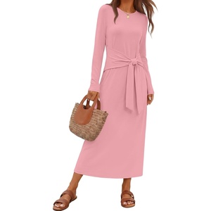 MEROKEETY Women’s Fall Long Sleeve Casual T Shirt Work Maxi Dress | Tie Waist, Wrap, Crew Neck, Business Casual, Slim Fit, Long Dress, Elegant, Solid Color, 2026 Winter, Dressy, Vacation(Pink)