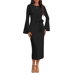MEROKEETY Women’s Fall Long Sleeve Tie Waist Boat Neck Elegant Midi Dresses | Ruched Waist, Trendy Bell Sleeve, Back Slit, Slimming Fit, Business Casual, Formal Wedding Guest Cocktail Dress, Work Outfits(Black)