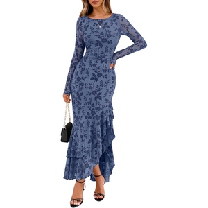 MEROKEETY Women’s Fall Wedding Guest Cocktail Formal Maxi Dresses | Long Sleeve, Floral, Boat Neck, Bodycon, Asymmetric Ruffle Hem, Mesh, Sexy High Slit, Bridesmaid, Dinner, 2026 Long Dress(Dusty Blue)