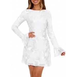 MEROKEETY Women’s Floral Mesh Wedding Guest Cocktail Party Dress | Ruffled Long Sleeve, Bodycon, Boat Neck, Fit and Flare, Mini Length, Bridal Shower, Date, Formal Elegant , Fall Dress 2026(White)