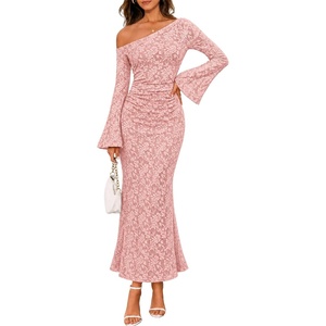 MEROKEETY Women’s Lace Off The Shoulder Wedding Guest Maxi Dress 2026 | Floral Jacquard, Bell Long Sleeve, Fitted, Bodycon, Ruched, Lined, Elegant Formal Outfifs, Cocktail Party Date Night Dresses(Pink)
