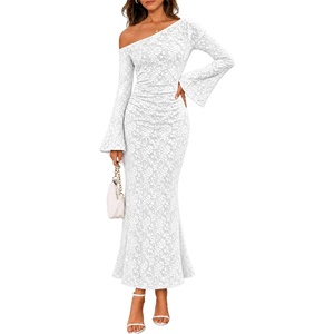 MEROKEETY Women’s Lace Off The Shoulder Wedding Guest Maxi Dress 2026 | Floral Jacquard, Bell Long Sleeve, Fitted, Bodycon, Ruched, Lined, Elegant Formal Outfifs, Cocktail Party Date Night Dresses(White)