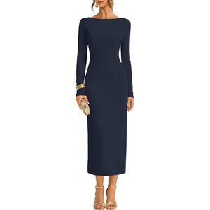 MEROKEETY Women’s Long Sleeve Bodycon Fall Wedding Guest Elegant Maxi Dress | Modest Work Business Casual Church, Dressy Formal Cocktail Party Long Dress, Boat Neck, Slim Fit, Lined, 2026 Trendy Fashion(Navy)
