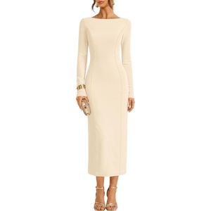 MEROKEETY Women’s Long Sleeve Bodycon Fall Wedding Guest Elegant Maxi Dress | Modest Work Business Casual Church, Dressy Formal Cocktail Party Long Dress, Boat Neck, Slim Fit, Lined, 2026 Trendy Fashion(Apricot)