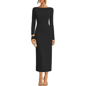 MEROKEETY Women’s Long Sleeve Bodycon Fall Wedding Guest Elegant Maxi Dress | Modest Work Business Casual Church, Dressy Formal Cocktail Party Long Dress, Boat Neck, Slim Fit, Lined, 2026 Trendy Fashion(Black)