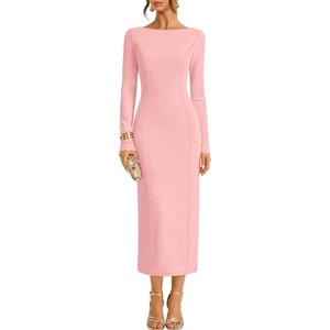 MEROKEETY Women’s Long Sleeve Bodycon Fall Wedding Guest Elegant Maxi Dress | Modest Work Business Casual Church, Dressy Formal Cocktail Party Long Dress, Boat Neck, Slim Fit, Lined, 2026 Trendy Fashion(Pink)