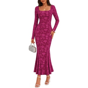 MEROKEETY Womens Long Sleeve Floral Ruched Fall Wedding Guest Dress 2026 | Formal Maxi Dress, Square Neck, Mermaid Hem, Stretchy, Lined, Bodycon, Cocktail Party, Baby Shower, Bridal, Holiday dress(Fuchsia)