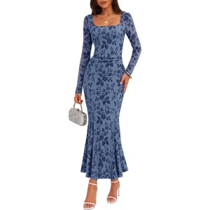 MEROKEETY Womens Long Sleeve Floral Ruched Fall Wedding Guest Dress 2026 | Formal Maxi Dress, Square Neck, Mermaid Hem, Stretchy, Lined, Bodycon, Cocktail Party, Baby Shower, Bridal, Holiday dress(Dustyblue)
