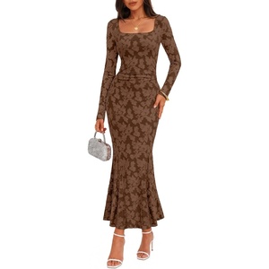 MEROKEETY Womens Long Sleeve Floral Ruched Fall Wedding Guest Dress 2026 | Formal Maxi Dress, Square Neck, Mermaid Hem, Stretchy, Lined, Bodycon, Cocktail Party, Baby Shower, Bridal, Holiday dress(Brown)