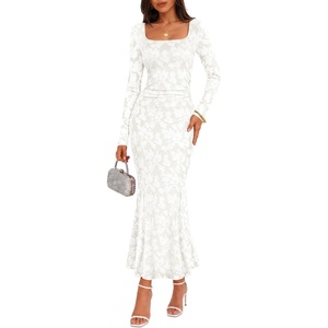 MEROKEETY Womens Long Sleeve Floral Ruched Fall Wedding Guest Dress 2026 | Formal Maxi Dress, Square Neck, Mermaid Hem, Stretchy, Lined, Bodycon, Cocktail Party, Baby Shower, Bridal, Holiday dress(White)