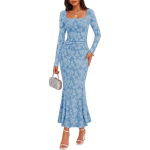 MEROKEETY Womens Long Sleeve Floral Ruched Fall Wedding Guest Dress 2026 | Formal Maxi Dress, Square Neck, Mermaid Hem, Stretchy, Lined, Bodycon, Cocktail Party, Baby Shower, Bridal, Holiday dress(Blue)