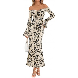 MEROKEETY Women’s Off Shoulder Bodycon Fall 2026 Party Formal Maxi Dress | Wedding Guest Cocktail, Bell Long Sleeve, Floral Mesh, Ruched Bust, 2026 Winter, Elegant Sexy Trendy, Date Night Club Dresses(Apricot)