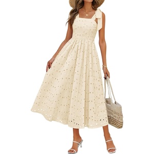 MEROKEETY Women’s Summer Eyelet Square Neck Sundress 2026 Spring Sleeveless Flowy A Line Beach Vacation Long Maxi Dress(Apricot)