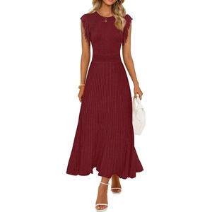 MEROKEETY Women’s Summer Sleeveless Fringe Dress A Line Pleated Midi Dress | Round Neck, Flowy Hem, Business Casual Outfits 2026, Strerchy Ribbed Knit, Wedding Guest Cocktail, Baby Shower(Wine)