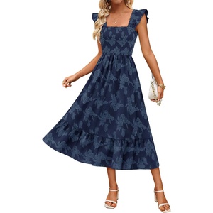 MEROKEETY Women’s Summer Sleeveless Smocked Floral Maxi Dress | Square Neck, Flowy Sundress, Ruffle Straps, Side Pockets, Boho Beach Vacation, Tiered Ruffle Hem, A Line, Long Dress(Navy)