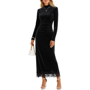 MEROKEETY Women’s Velvet Lace Wedding Guest Cocktail Maxi Dress | Long Sleeve, Mock Neck, Ruched Waist, Elegant Fall Dress 2026, Back Slit, Zipper, Formal Maxi Dress, Slimming Fit, Date Night(Black)