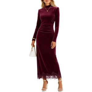 MEROKEETY Women’s Velvet Lace Wedding Guest Cocktail Maxi Dress | Long Sleeve, Mock Neck, Ruched Waist, Elegant Fall Dress 2026, Back Slit, Zipper, Formal Maxi Dress, Slimming Fit, Date Night(Wine)
