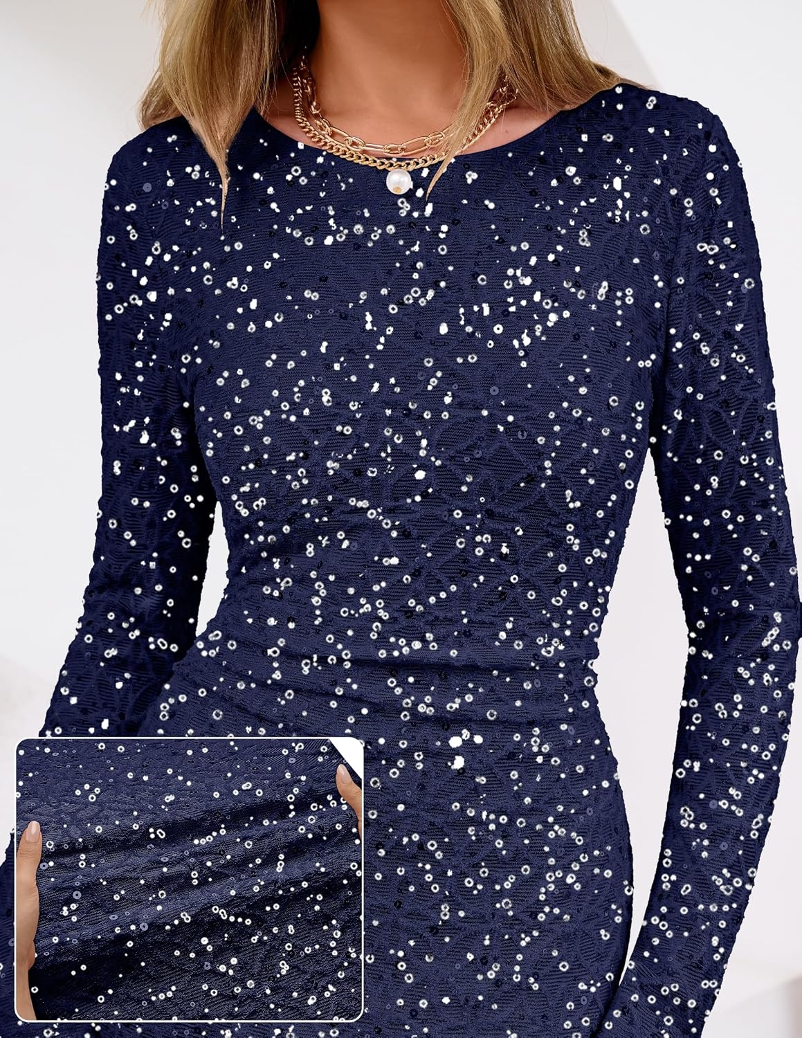 image:imageMEROKEETY Formal Fall Long Sleeve Sequin Bodycon Maxi Dress Women 2026 Gown Sparkly Fancy Jacquard Mesh Lined Side Slit Lacelike Cocktail Party Dinner Evening Holiday Wedding Guest Long DressNavy