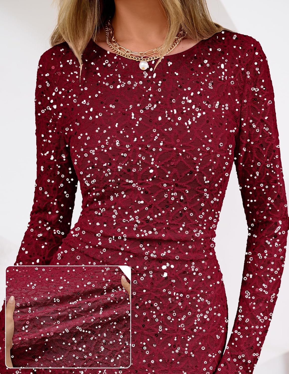 image:imageMEROKEETY Formal Fall Long Sleeve Sequin Bodycon Maxi Dress Women 2026 Gown Sparkly Fancy Jacquard Mesh Lined Side Slit Lacelike Cocktail Party Dinner Evening Holiday Wedding Guest Long DressWine