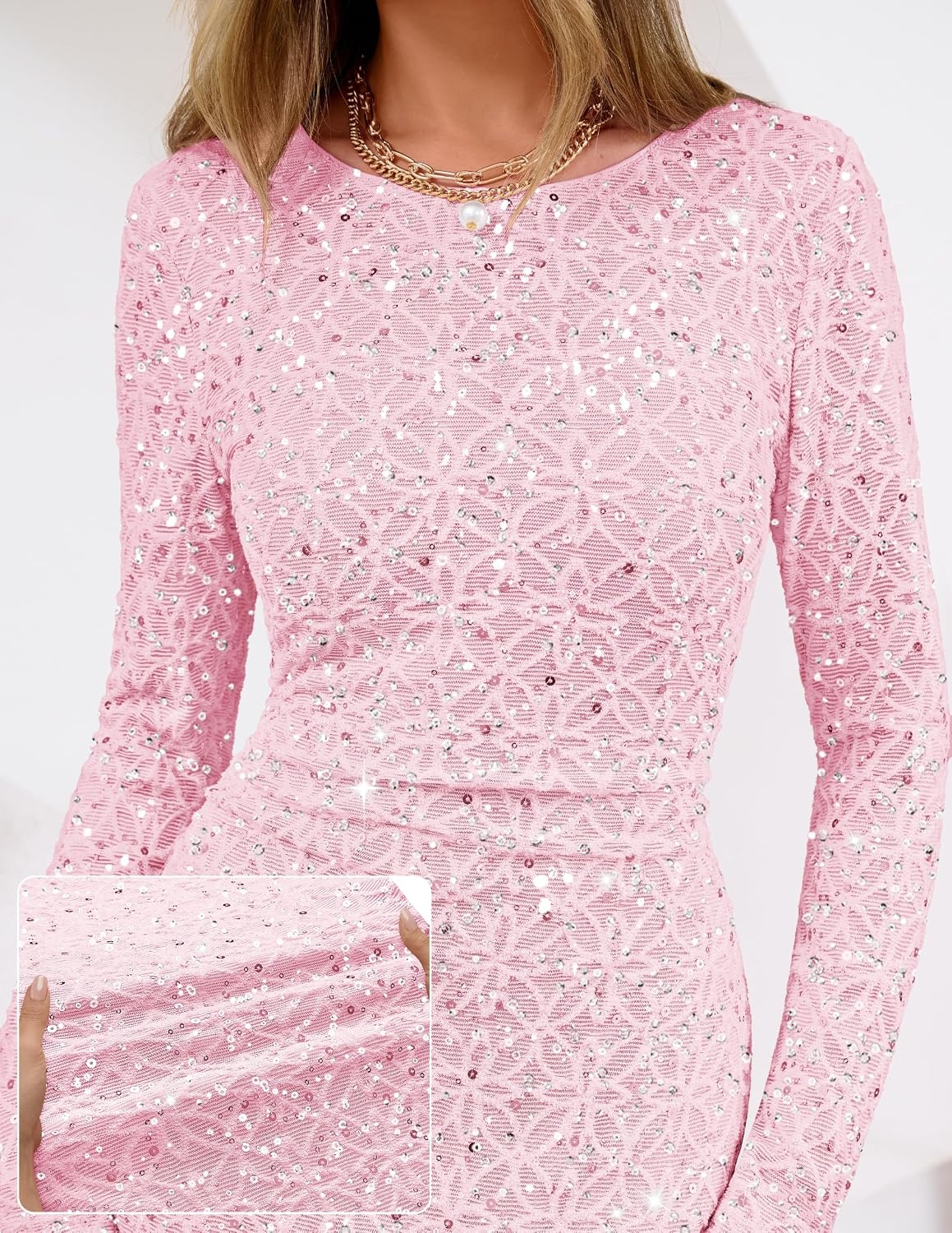 image:imageMEROKEETY Formal Fall Long Sleeve Sequin Bodycon Maxi Dress Women 2026 Gown Sparkly Fancy Jacquard Mesh Lined Side Slit Lacelike Cocktail Party Dinner Evening Holiday Wedding Guest Long DressPink