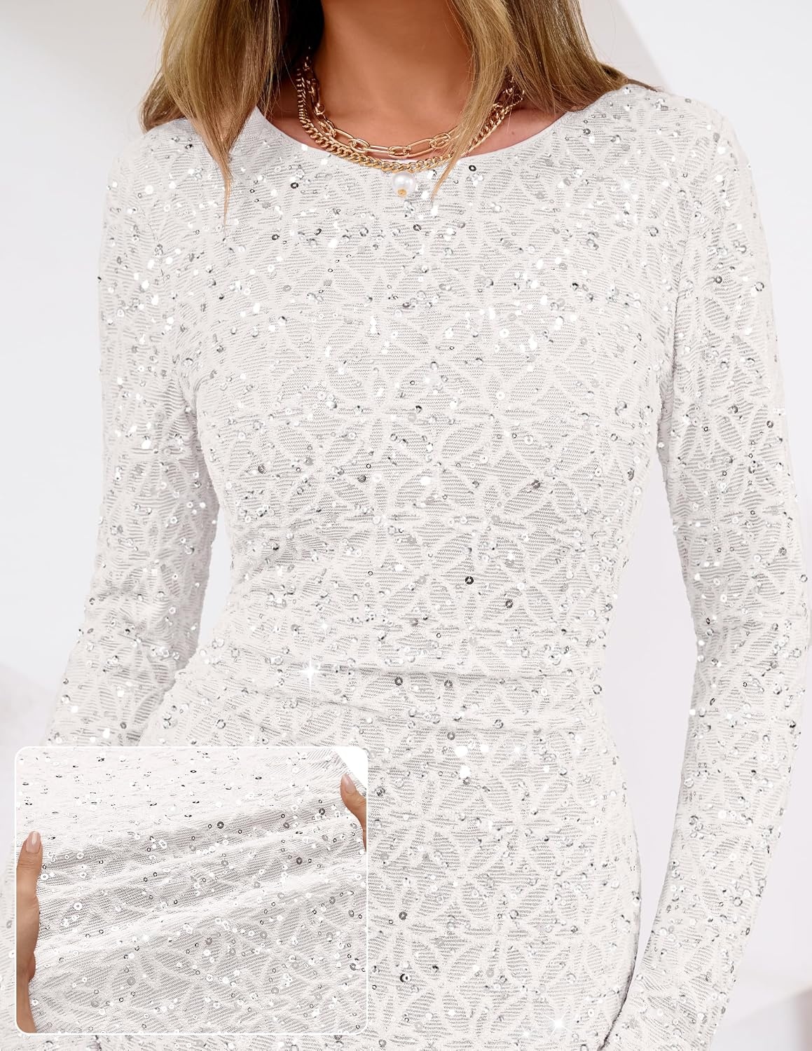 image:imageMEROKEETY Formal Fall Long Sleeve Sequin Bodycon Maxi Dress Women 2026 Gown Sparkly Fancy Jacquard Mesh Lined Side Slit Lacelike Cocktail Party Dinner Evening Holiday Wedding Guest Long DressWhite