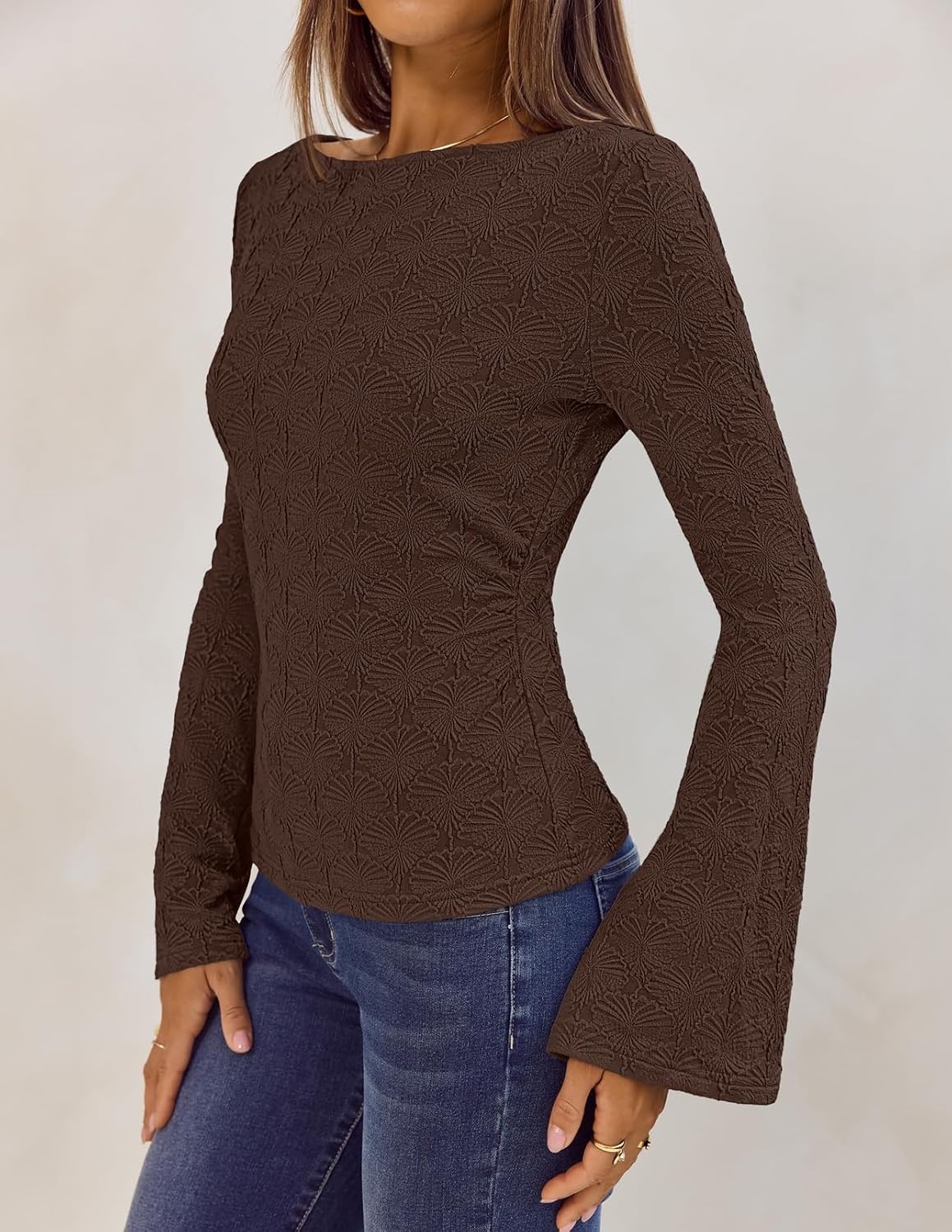image:imageMEROKEETY Womens 2026 Boat Neck Bell Sleeve Going Out Tops Trendy Business Casual Blouses Long Sleeve T Shirt Casual Outfits Slim Fit Textured Knit Fall Winter Layering ClothingCoffee