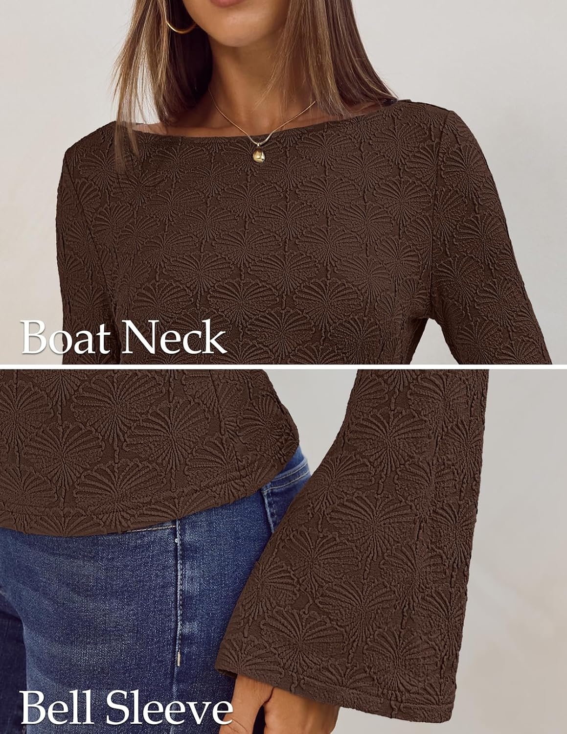 image:imageMEROKEETY Womens 2026 Boat Neck Bell Sleeve Going Out Tops Trendy Business Casual Blouses Long Sleeve T Shirt Casual Outfits Slim Fit Textured Knit Fall Winter Layering ClothingCoffee