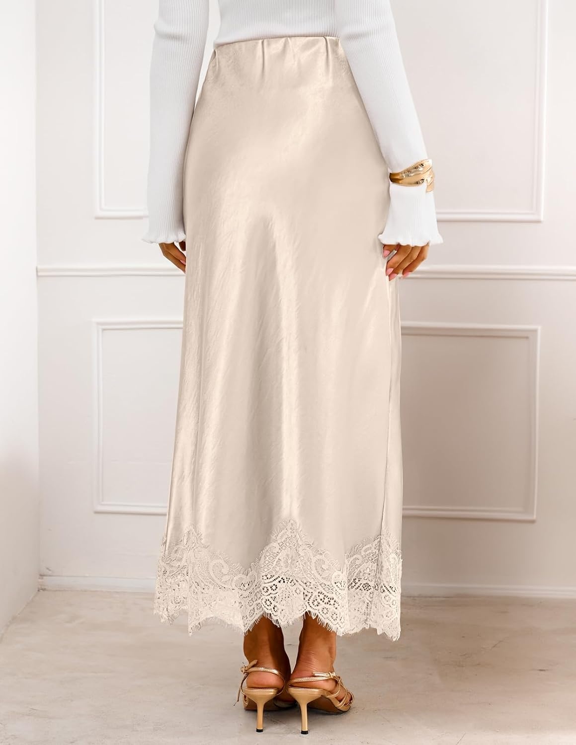 image:imageMEROKEETY Womens 2026 Fashion Satin Lace Trim Business Casual Maxi Skirts Silk Skirt Mermaid Fishtail Elastic High Waist Flowy Long Skirt Elegant Classy Dressy Casual Fall Trendy OutfitsChampagne