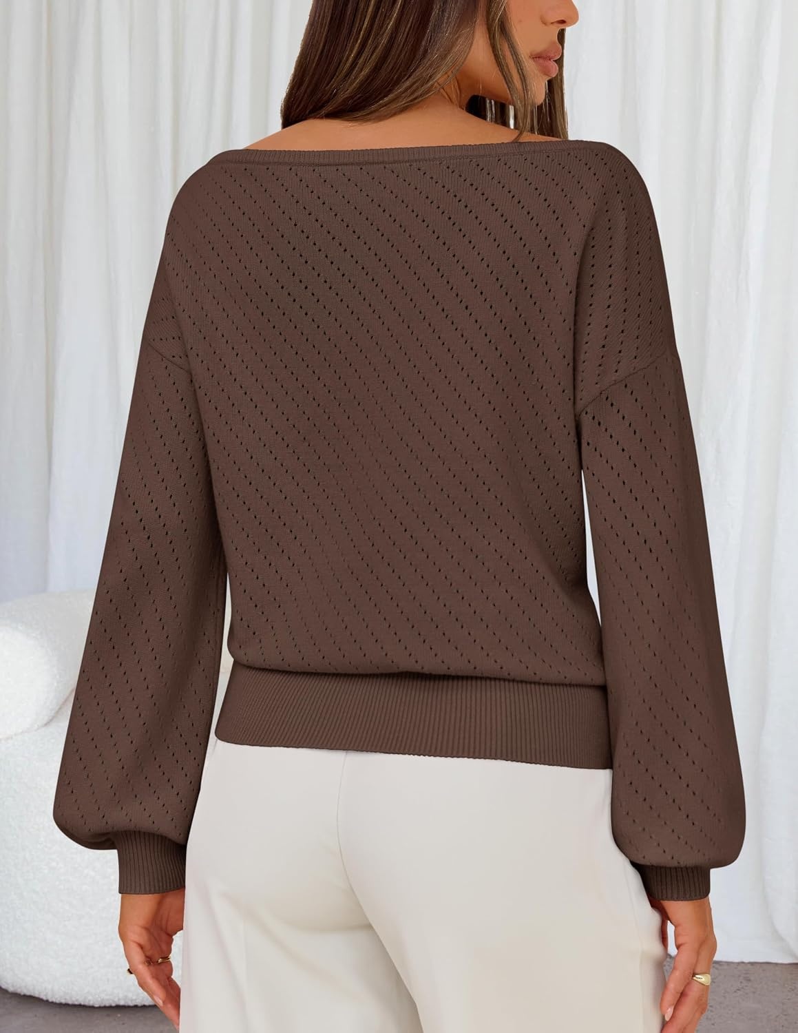 image:imageMEROKEETY Womens Boat Neck Long Lantern Sleeve Sweaters 2026 Dressy Casual Hollow Out Knitted Cozy Loose Ribbed Hem Pullover Trendy Drop Shoulder Jumper Top Fall Fashion Layering Winter ClothingCoffee