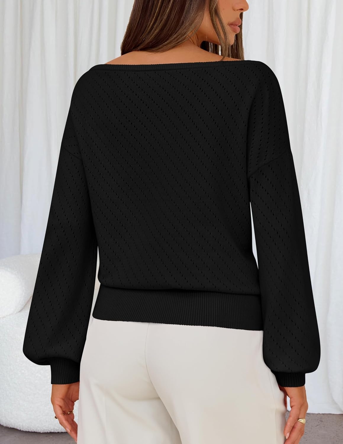 image:imageMEROKEETY Womens Boat Neck Long Lantern Sleeve Sweaters 2026 Dressy Casual Hollow Out Knitted Cozy Loose Ribbed Hem Pullover Trendy Drop Shoulder Jumper Top Fall Fashion Layering Winter ClothingBlack