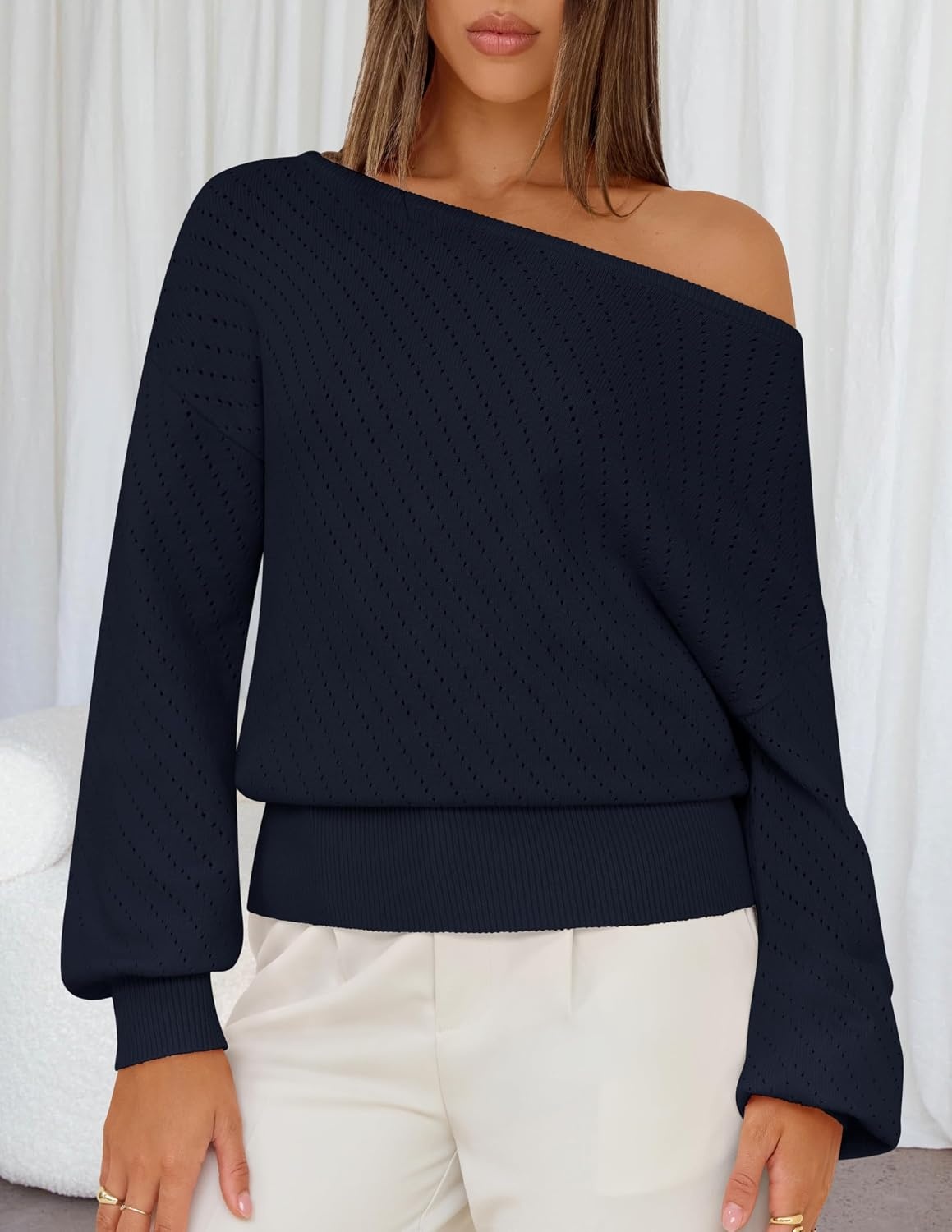 image:imageMEROKEETY Womens Boat Neck Long Lantern Sleeve Sweaters 2026 Dressy Casual Hollow Out Knitted Cozy Loose Ribbed Hem Pullover Trendy Drop Shoulder Jumper Top Fall Fashion Layering Winter ClothingNavy