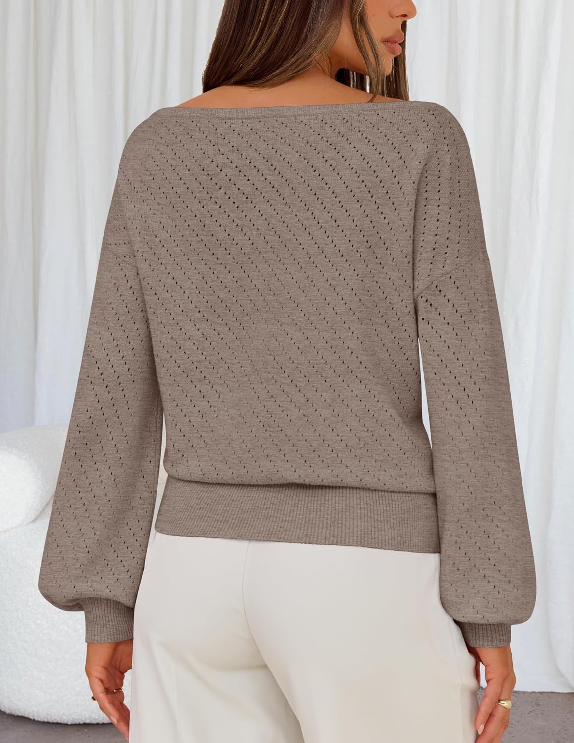 image:imageMEROKEETY Womens Boat Neck Long Lantern Sleeve Sweaters 2026 Dressy Casual Hollow Out Knitted Cozy Loose Ribbed Hem Pullover Trendy Drop Shoulder Jumper Top Fall Fashion Layering Winter ClothingCamel