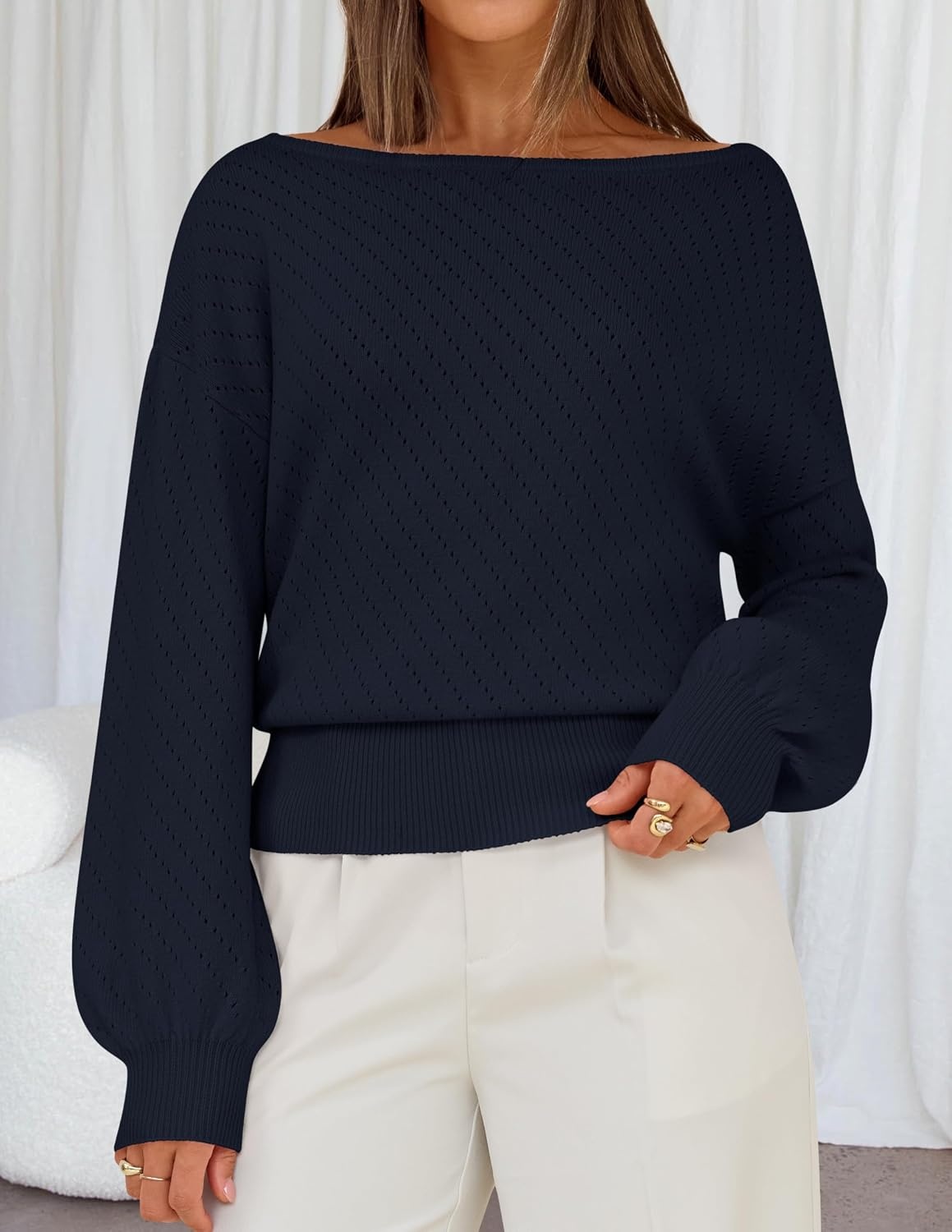 image:imageMEROKEETY Womens Boat Neck Long Lantern Sleeve Sweaters 2026 Dressy Casual Hollow Out Knitted Cozy Loose Ribbed Hem Pullover Trendy Drop Shoulder Jumper Top Fall Fashion Layering Winter ClothingNavy