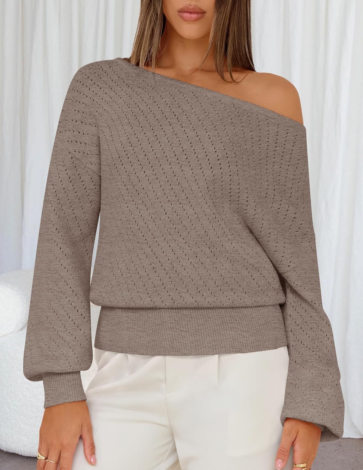 image:imageMEROKEETY Womens Boat Neck Long Lantern Sleeve Sweaters 2026 Dressy Casual Hollow Out Knitted Cozy Loose Ribbed Hem Pullover Trendy Drop Shoulder Jumper Top Fall Fashion Layering Winter ClothingCamel
