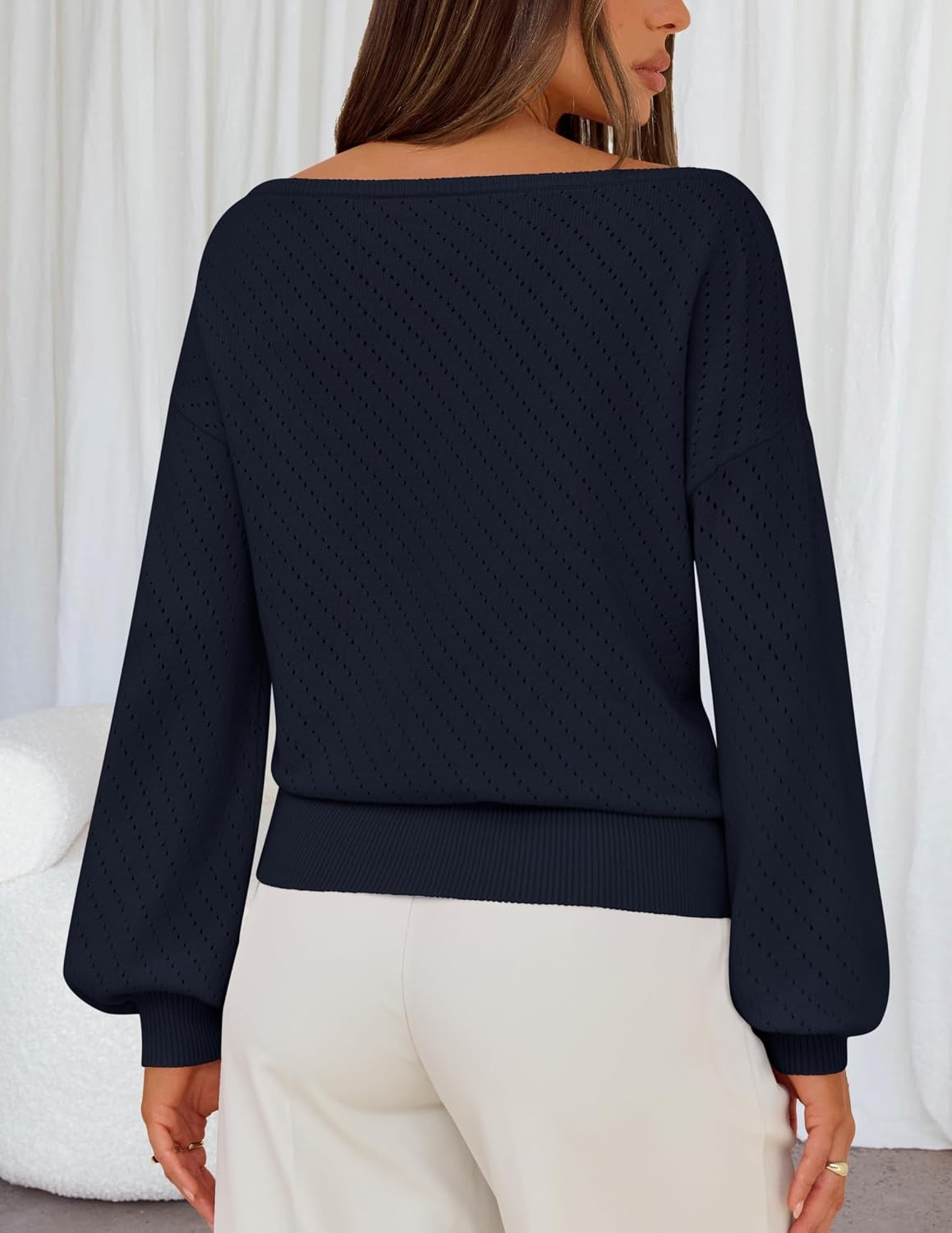 image:imageMEROKEETY Womens Boat Neck Long Lantern Sleeve Sweaters 2026 Dressy Casual Hollow Out Knitted Cozy Loose Ribbed Hem Pullover Trendy Drop Shoulder Jumper Top Fall Fashion Layering Winter ClothingNavy