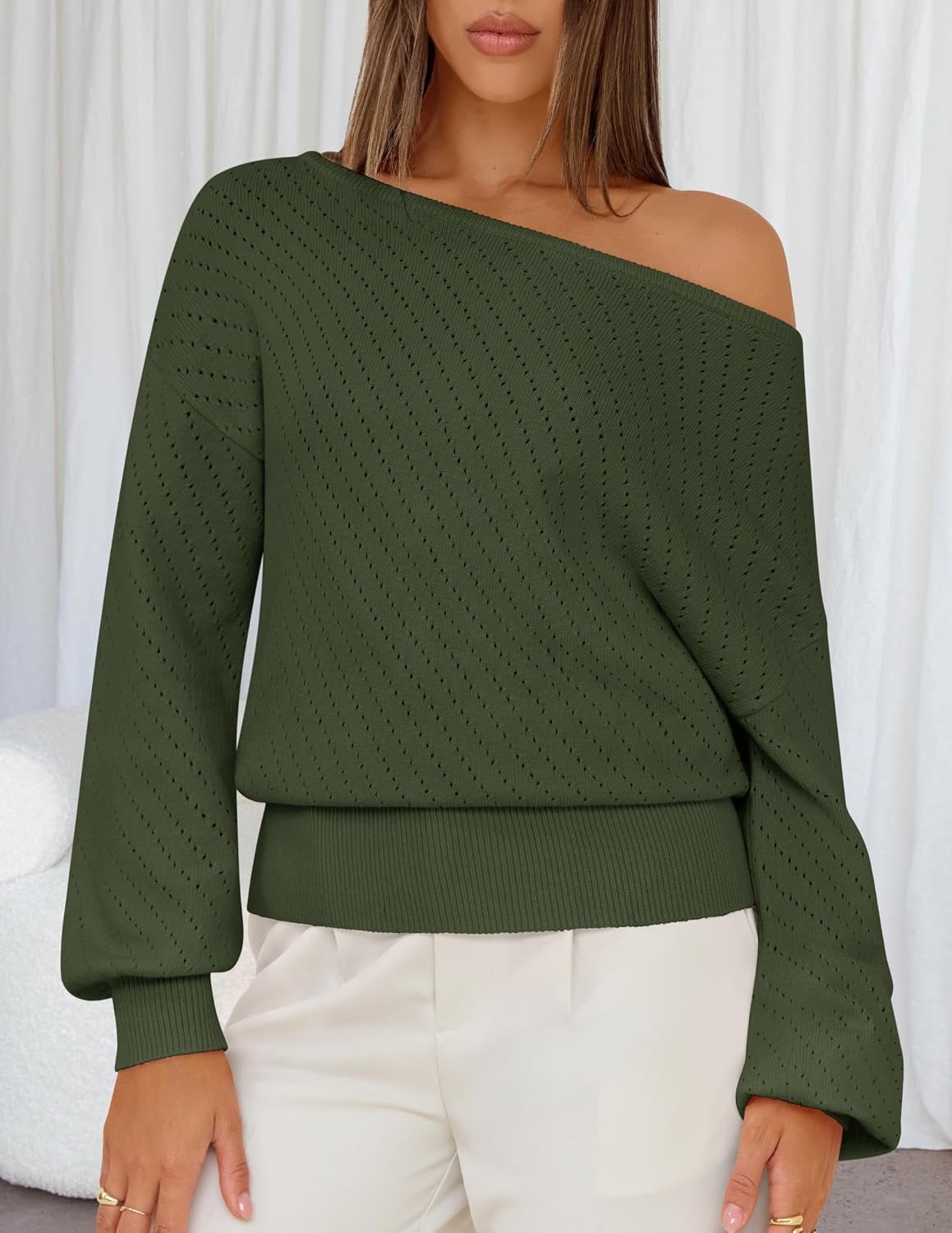image:imageMEROKEETY Womens Boat Neck Long Lantern Sleeve Sweaters 2026 Dressy Casual Hollow Out Knitted Cozy Loose Ribbed Hem Pullover Trendy Drop Shoulder Jumper Top Fall Fashion Layering Winter ClothingDark Green