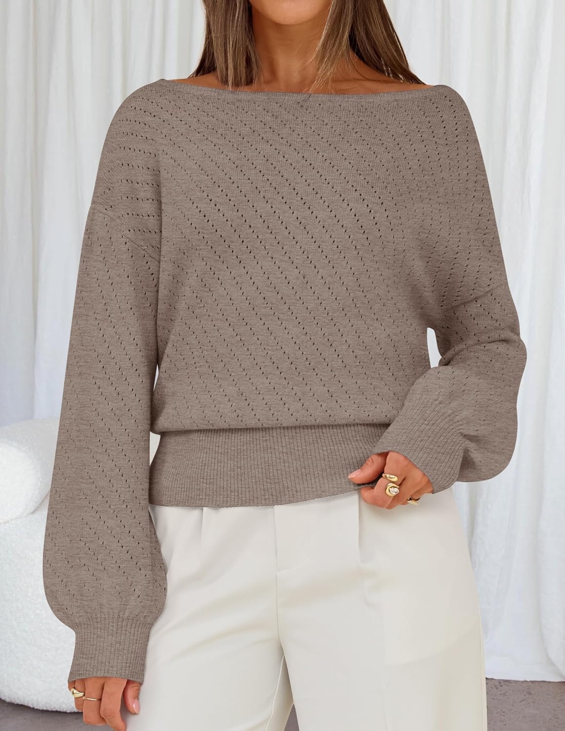 image:imageMEROKEETY Womens Boat Neck Long Lantern Sleeve Sweaters 2026 Dressy Casual Hollow Out Knitted Cozy Loose Ribbed Hem Pullover Trendy Drop Shoulder Jumper Top Fall Fashion Layering Winter ClothingCamel
